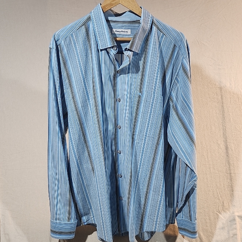 Tommy Bahama Island Zone Blue Striped‎ Men's Long Sleeve Button Down Shirt XL TG